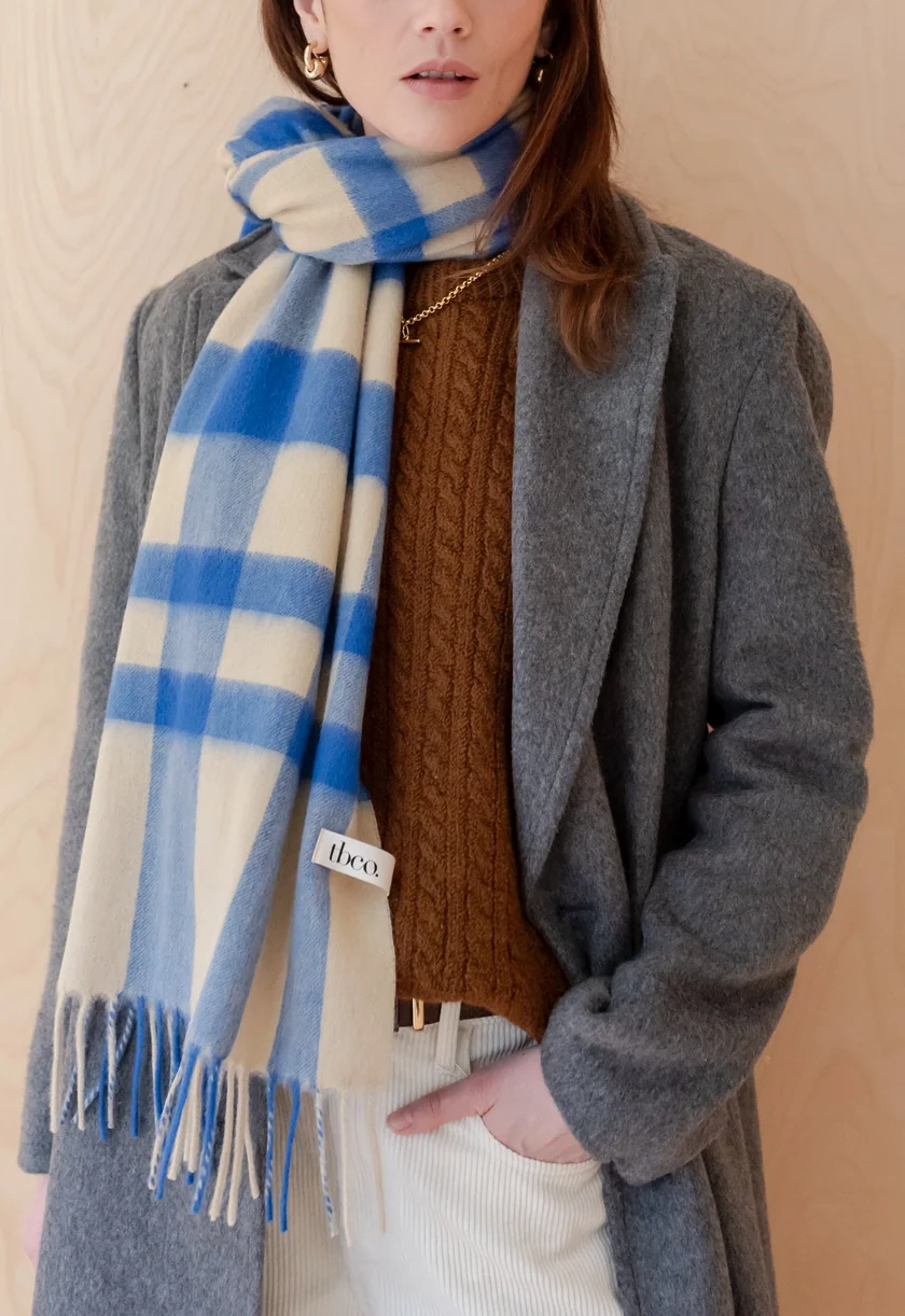 Lambswool Oversized Scarf in Blue Check - Image 2