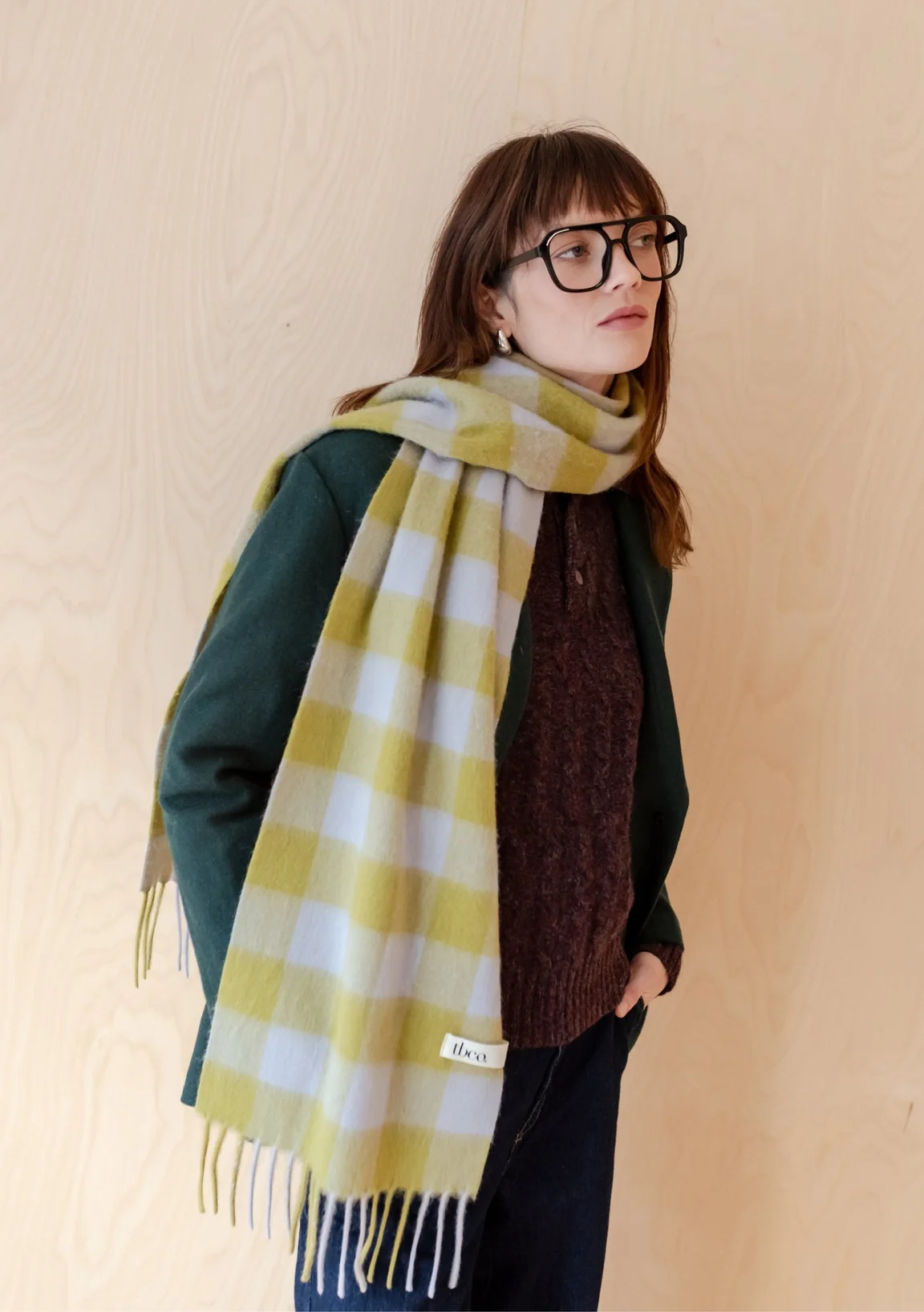 Lambswool Scarf in Avocado Gingham - Image 2