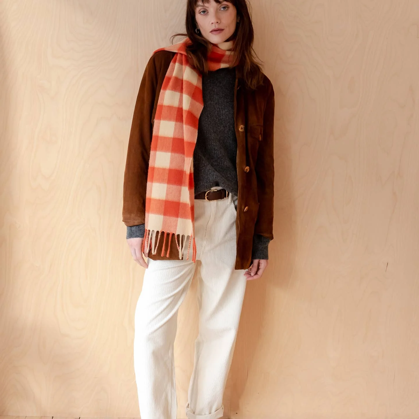 Lambswool Scarf in Orange Gingham - Image 2