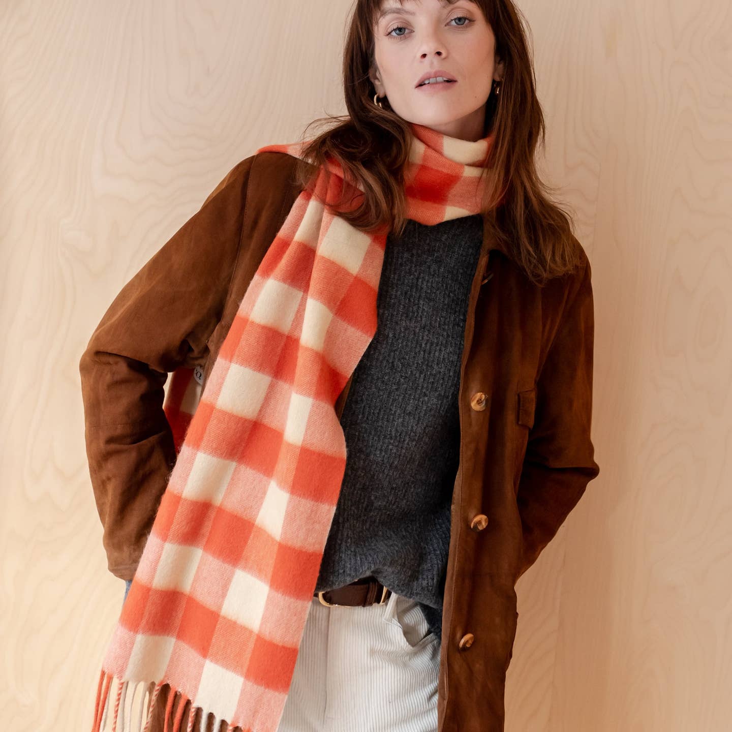 Lambswool Scarf in Orange Gingham - Image 4